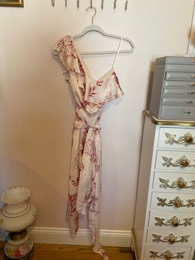 One-Shoulder Floral Midi Dress in Blush and Rose